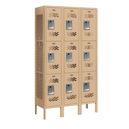 SALSBURY INDUSTRIES 3 Tier Vented Locker, 36"Wx66"Hx12"D, 9 Door, Tan, Unassembled 73352TN-U